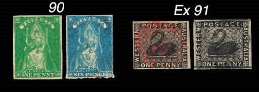 used  1854 (Aug.) imperforate 1d. black, two examples with good to large margins, one cancelled by superb "3" in red, the other lightly cancelled in black, very fine; also nine later stamps. Photo