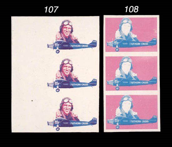 Proof  -- 18c. Kingsford Smith progressive proof vertical strip of three showing aviator and plane only (missing black and orange), marginal from the left of the sheet. Photo