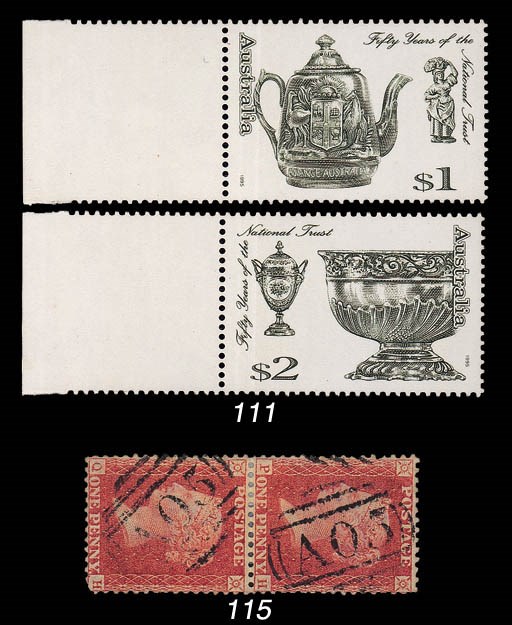 Proof  1995 National Trust $1 and $2 perforated colour trials in blackish olive, each marginal from the left of the sheet, fine unmounted mint and accompanied by normals for comparison. S.G. 1516, 1517. Photo