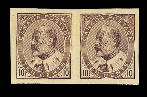 unused  -- 10c. dull lilac pair, variety imperforate, fine unused without gum; scarce. Unitrade 93a, $1,250. Photo