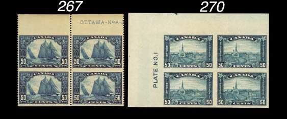 unmounted mint Block of Four  -- 50c. Bluenose marginal block of four from the top of the sheet showing part imprint, variety imperforate horizontally, unmounted mint; gum a fraction toned. S.G. 284, £750, Unitrade cat. $3,000. Photo