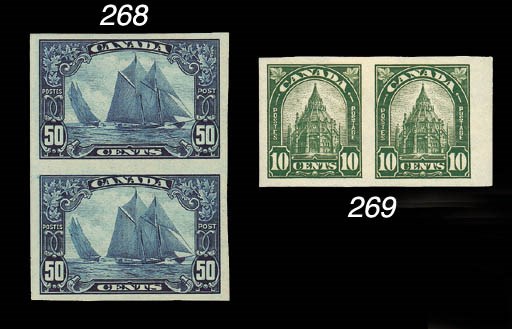 unused  1930-31 10c. olive-green horizontal marginal pair, variety imperforate, fresh lightly mounted mint; one with natural wrinkle. Rare. S.G. 293a, £900. Photo