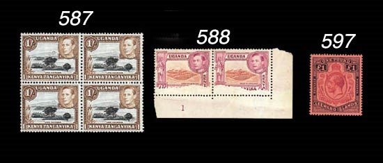 unused  1921-32 £1 purple and black on red, variety break in scroll, fine lightly mounted mint. S.G. 80a, £375. Photo
