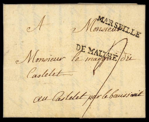 cover 1761 (9 Jan.) entire letter to "Monsieur le marque die Castelet au Castelet par le Caussiat", rated "7" and showing superb strikes of the "MARSEILLE" and "DE MALTHE" h.s. struck separately (M+DM). Very few examples of these marks applied separately are recorded. Photo