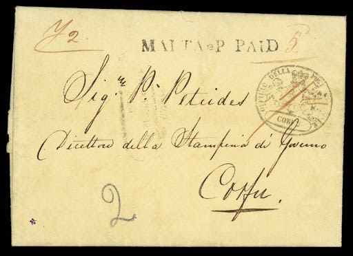 cover 1831 (23 Aug.) entire letter to Corfu, rated "1/-", showing fine strike of "MALTA*P PAID" (MPP-1a) with manuscript "5d" in red ink alongside, scarce small Corfu Arms cachet and faint arrival d.s., the last two both crossed by light filing crease. Rare. Photo