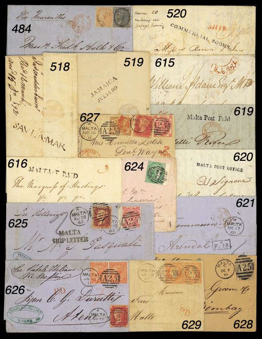 cover 1840 (24 Oct.) entire letter ex the "Rocca" correspondence to Marseilles, rated "2 70" in red ink and showing very fine "Malta Post Paid" (MPP-2c) with "OUTRE-MER/MARSEILLE" double-ring d.s. in alongside. Photo