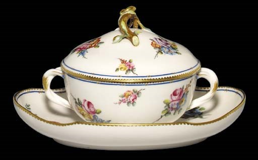 A Sevres circular two-handled ecuelle, cover and quatrefoil stand