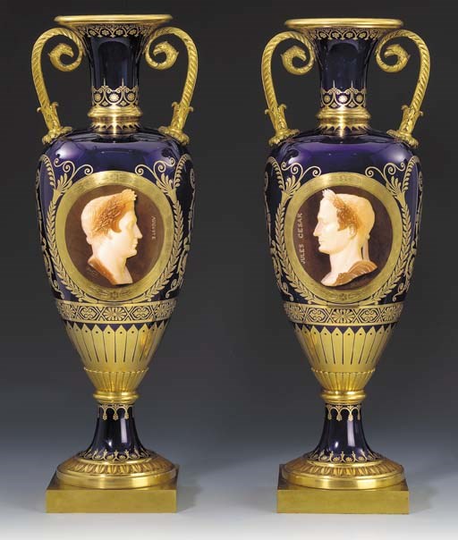 A pair of Sevres ormolu-mounted two-handled blue-ground Vases Fuseau