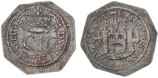 Shilling, octagonal, large crown over C-R, DVM SPIRO SPERO, rev. CAROLVS SECVNDVS 1648 (reversed N in SECVNDVS), castle gateway with flag dividing P-C, OBS on left, cannon protrudes on right (N.2647; S.3150), nearly extremely fine, very rare in this condition