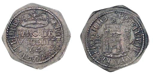 Shilling, octagonal, large crown with HANC DEVS DEDIT 1648, in three lines below, rev. CAROL'II DG MAG B F ET H REX around castle gateway, P-C at sides of central tower, OBS to left, P XI C to right, 1648 below (N.2649; S.3151), extremely fine for issue, toned, slightly double struck above castle, extremely rare in this condition