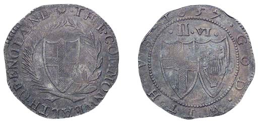 Halfcrown, 1657 (ESC --; S.3215), nearly very fine, very dark discolouration from buried in Thames mud for more than 300 years, slight double striking, of the highest rarity