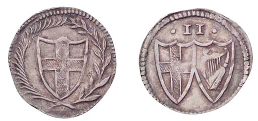 Twopence, undated, normal design with St George shield on left, Irish shield on right (ESC 2160; S.3221), good very fine, full unclipped flan