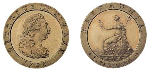 George III, pattern Farthing, 1798, struck in gilt copper, late Soho, laureate and draped bust right, date below on raised rim, rev. Britannia seated left on rocks with olive branch, trident and shield, ship to left (Peck 1206 KF5), brilliant good extremely fine, rare