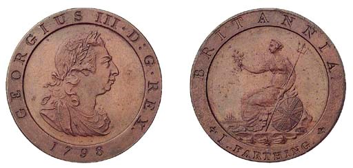 George III, restrike pattern Farthing, 1798, struck in bronzed copper, by W J Taylor, laureate and draped bust right, date below, rev. Britannia seated left on rocks with olive branch, trident and shield (Peck 1215 R76), good extremely fine