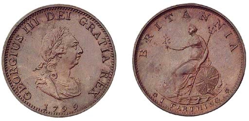 George III, restrike proof Farthing, 1799, struck in bronzed copper, small laureate and draped bust right, date below, rev. Britannia seated left on rocks with olive branch, trident and shield (Peck 1281 R86), good extremely fine
