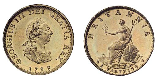 George III, restrike proof Farthing, 1799, struck in gilt copper, by W J Taylor, small laureate and draped bust right, date below, rev. Britannia seated left on rocks with olive branch, trident and shield (Peck 1284 R87), gilt a little worn on high points, otherwise extremely fine