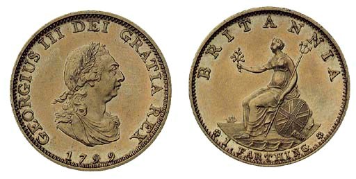 George III, proof Farthing, 1799, struck in gilt copper, late Soho, small laureate and draped bust right, date below, rev. Britannia seated left on rocks with olive branch, trident and shield, edge, obliquely grained (Peck 1269 KF7), good extremely fine