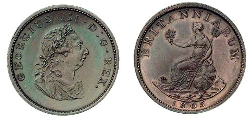 George III, restrike pattern Farthing, 1805, struck in bronzed copper, by W J Taylor, laureate and draped bust right, rev. Britannia seated left on rocks with olive branch, trident and shield, date below, BRITANNIARUM legend (Peck 1319 R95), toned, good extremely fine, very rare