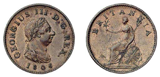 George III, Farthing, 1806, small laureate and draped bust right, incuse dot on truncation, date below, rev. Britannia seated left on rocks with olive branch, trident and shield, edge, grained (Peck 1398; S.3782), very fine, extremely rare