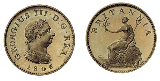 George III, proof Farthing, 1806, struck in gilt copper, early Soho, small laureate and draped bust right, date below, rev. Britannia seated left on rocks with olive branch, trident and shield, edge, grained (Peck 1387 KF13), brilliant practically as struck, rare