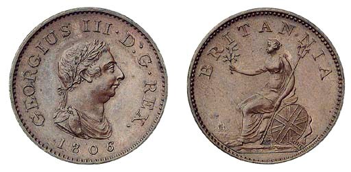 George III, proof Farthing, 1806, struck in bronzed copper, early Soho, small laureate and draped bust right, date below, rev. Britannia seated left on rocks with olive branch, trident and shield, edge, grained (Peck 1388 KF13), good extremely fine