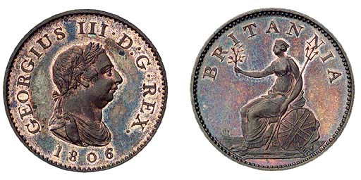 George III, proof Farthing, 1806, struck in copper, early Soho, small laureate and draped bust right, date below, rev. Britannia seated left on rocks with olive branch, trident and shield, edge, grained (Peck 1389 KF13), brilliant as struck and very pleasing