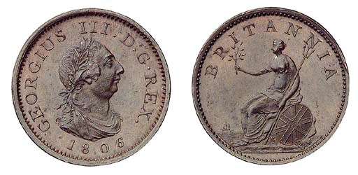George III, restrike proof Farthing, 1806, struck in bronzed copper, small laureate and draped bust right, date below, rev. Britannia seated left on rocks with olive branch, trident and shield (Peck 1404 R103), good extremely fine