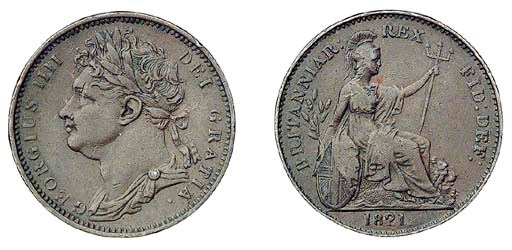 George IV, trial or pattern Farthing, 1821, laureate and draped bust left as currency issue, rev. Britannia seated right on rock with trident, shield and olive branch, lion's head to right, legend of different spacing, date in exergue (Peck 1418), only fine but extremely rare, only two known