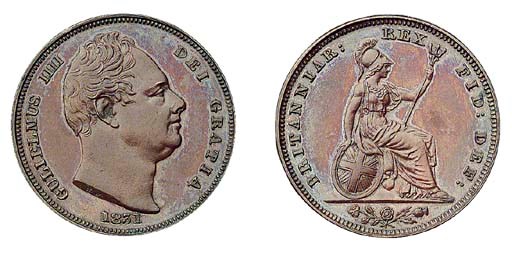 William IV (1830-37), proof Farthing, 1831, struck in bronzed copper, bare head right, date below, rev. inverted, Britannia seated (Peck 1468; S.3848), practically as struck