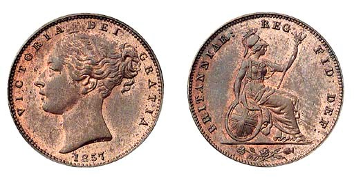 Victoria (1837-1901), Farthing, 1857, young head left, date below, D of DEI struck over I, rev. Britannia seated (cf.Peck 1585; S.3950), much lustre, extremely fine, rare