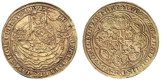 Edward III (1327-77), pre-treaty period, Noble, London, series E, king standing facing in ship, holding sword and shield, saltire stops, reads DHYB, rev. floriated cross with lis at ends, small inverted e in centre, lis in third quarter, annulet stops, m.m. cross 2 on rev. only (LAL dies AG/-; N.1160; S.1488), an unusually full round specimen, almost extremely fine, rare thus