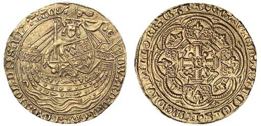 Edward III, transitional treaty period, Noble, London, French title omitted, reads DNS HIB F ACQ, rev. floriated cross with lis at ends, large E in centre, pellets at corners of central compartment, m.m. cross potent on rev. only (LAL dies Ch/10 (this coin illustrated); N.1222; S.1499), scratch on edge at 10 o'clock, faint pawnbroker's mark in obverse field, almost extremely fine, very rare