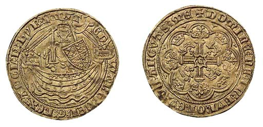 Edward III, treaty period, Half-noble, Calais, group b, king standing in ship, no mark before EDWARD, no flag at stern, rev. floriated cross with lis at ends, C in centre, m.m. cross potent on rev. only (LAL Group b; N.1241; S.1509), hairline cracks by shield, otherwise full and round, very fine or better, extremely rare without flag
