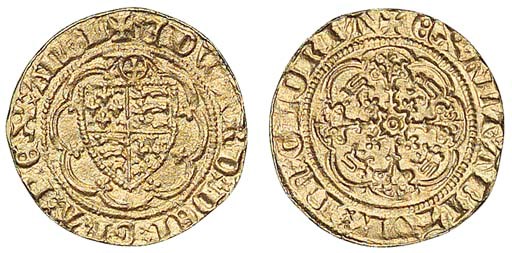 Edward III, treaty period, Quarter-noble, Calais, shield within tressure of eight arcs, cross in circle above, pellet before EDWARD, rev. floriated cross with a lis at ends, annulet in centre, m.m. cross potent (LAL No.3; N.1245; S.1513), filed on edge, slightly waterworn, otherwise very fine, rare