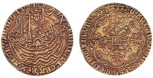 Henry VI (1422-61), annulet coinage, Noble, Calais, king standing in ship, annulet by sword arm, flag at stern, rev. floriated cross with a lis at ends, C in centre, annulet in one spandrel, m.m. lis on rev. only (N.1415; S.1802), very fine with an attractive old red/blue toning, very rare with C in centre