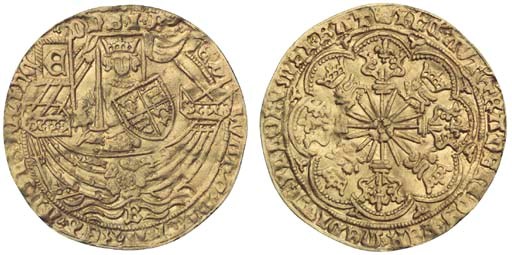 Edward IV, first reign (1461-70), second, light coinage, Ryal, 7.65g., class VIII, m.m. none/crown, Bristol (N.1550; S.1954; c.f. Schneider, SCBI 47, 419), light spade mark from 7 o'clock to rose, good very fine