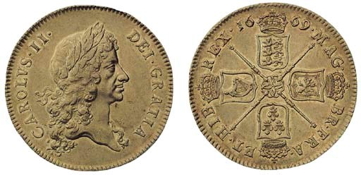 Charles II (1660-85), Five-guineas, 1669, first laureate head right, rev. four crowned shields cruciform (ESC 3; S.3328), a small mark in front of chin, wear on the high points on obverse otherwise good very fine, with some lustre