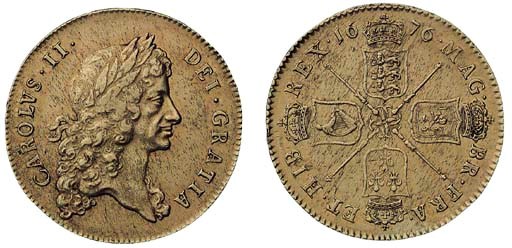 Charles II, Five-guineas, 1676 OCTAVO, similar (ESC 13; S.3328), haymarking both sides, lightly brushed, good fine