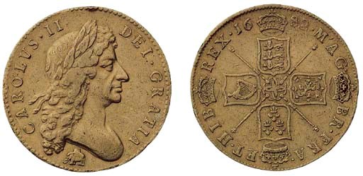 Charles II, Five-guineas, 1682, second laureate bust right, elephant and castle below, rev. four crowned shields cruciform (ESC 26; S.3332), two small marks on edge, probably from a mount, fine