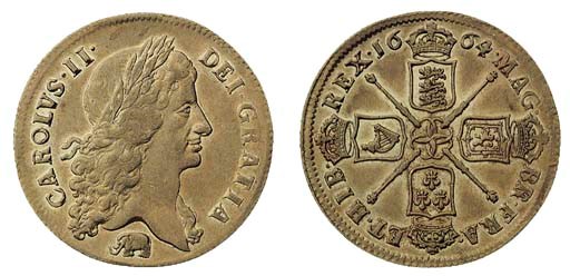 Charles II, Two-guineas, 1664, first laureate bust right, elephant below, rev. four crowned shields cruciform (ESC 32; S.3334), weakly struck but good very fine with some lustre