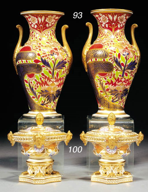 A pair of English porcelain two-handled oviform vases