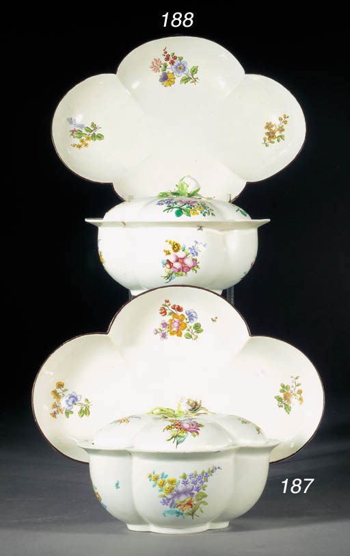A Chantilly quatrefoil tureen, a cover and a stand