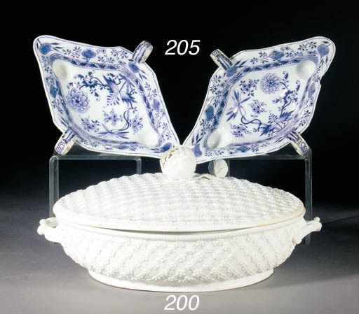 Two Meissen (Marcolini) blue and white silver-shaped sauce boats