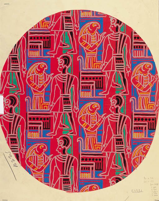 Egyptian Gods, design No.52221; and ten textile designs for silk, stamped R. Gattiker - circa 1922-1925
See Illustration of No.52221 	 (11)