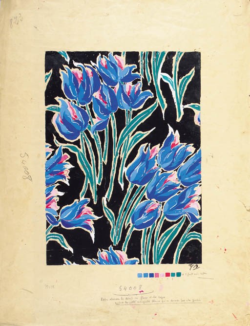 Tulip design by G.B., possibly Georges Berthier; design No.54008 for a printed textile; seven slightly smaller versions in different colourways - probably 1934
See Illustration 	 (8)