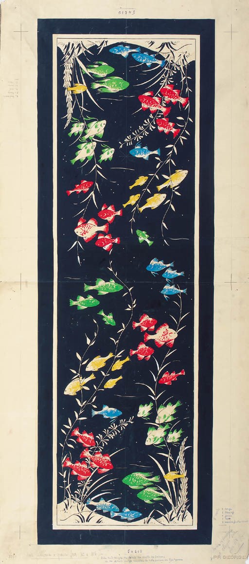 Goldfish, a design for a textile with variant colourways; and a design for a long scarf, stamped P.R.George - circa 1934-1935
See Illustration