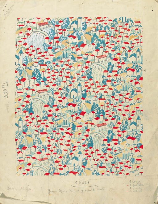 Amon Village, design No.54665; a collection of textile designs including many floral and some designs for scarves; some stamped Tambuté & Jouret; Sins; P.R. George; Maisch & Cie; L. Boq; Olby; Genn Touret; one signed Jean Carlo - 1937
See Illustration