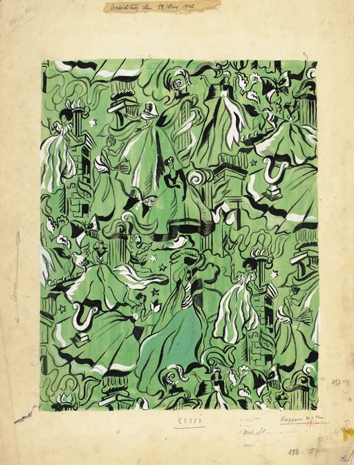 Design No.55993 by Madeleine Lagrange - 18 March 1945; a similar design by the same No.55994; another by Georges Berthier including colourways; and several other designs - 1945
See Illustration of Madeleine Lagrange