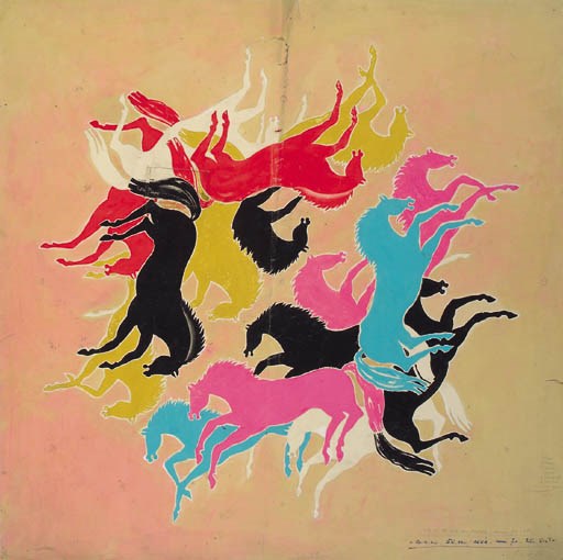 Georges Berthier, Cavalcade, a design for a scarf with four colourways; and another, Lord Byron; and five other textile designs by the same - 1946
See Illustration 	 (7)