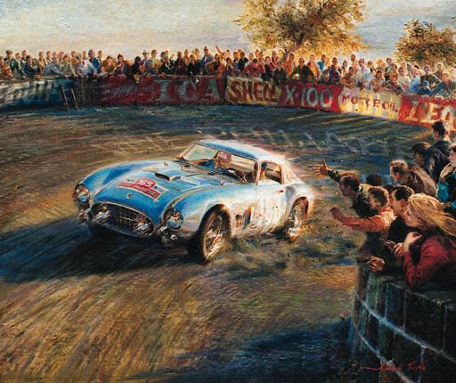 Alfredo de la Maria - Ferrari - a painting depicting the 1958 Ferrari 250 GT LWB "Tour de France", chassis No. 1031GT at the 1958 Tour de France being driven by M. Peron and Harry Shell. They later went on to take  a fourth overall in this car's debut race;Signed and ated by the artist, oil on canvas, mounted and framed - 44 x 38in.